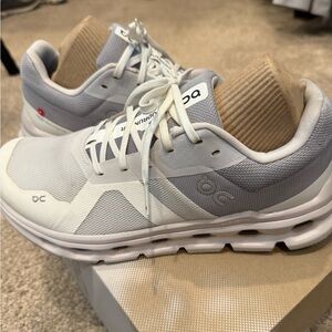 On Running Women’s White and Gray Cloudrunner Running Shoes
